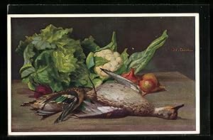 Ansichtskarte Jagdstillleben, abgeschossenes Federwild mit Gemüse auf einen Tisch liegend