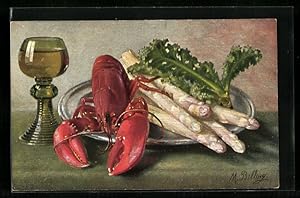 Bild des Verkufers fr Knstler-Ansichtskarte M. Billing: Hummer mit Spargel und Rmerglas auf einem Tisch angerichtet, Stillleben zum Verkauf von Bartko-Reher