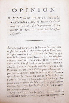 Bild des Verkufers fr Opinion De M. le Comte de Virieu a l'Assemblee Nationale, dans la Seance du Lundi matin 13 Juillet, sur la proposition de demander au roi le rappel des ministres disgracis. zum Verkauf von Wittenborn Art Books