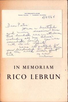 Seller image for In Memoriam Rico Lebrun. May 23, 1964. Presentation copy to Peter Selz. Signed. for sale by Wittenborn Art Books