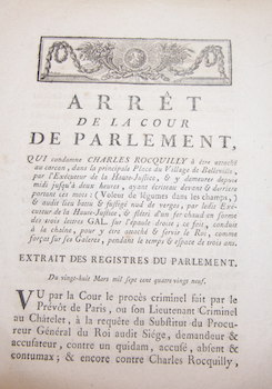 Arret De La Cour De Parlement, Qui Condamne Charles Rocquilly.