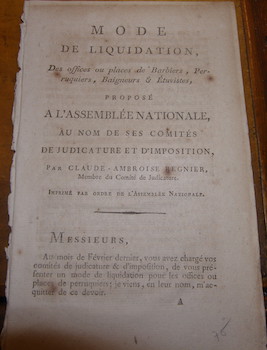 Mode de liquidation, des offices ou places de barbiers, perruquiers, baigneurs & étuvistes : prop...