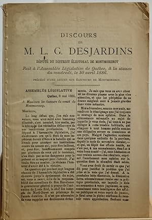 Discours de M. L. G. Desjardins, député du district électoral de Montmorency, fait à l'Assemblée ...