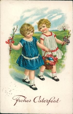 Ansichtskarte / Postkarte Glückwunsch Ostern, Kinder, Ostereier, Weidenkätzchen