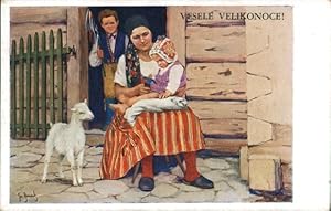 Künstler Ansichtskarte / Postkarte Strnad, J., Glückwunsch Ostern, Frau mit Kind, Lamm, Slowakisc...