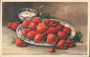Ansichtskarte / Postkarte Erdbeeren, Teller, Zucker, Früchte