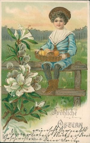 Präge Glitzer Ansichtskarte / Postkarte Glückwunsch Ostern, Junge, Korb, Ostereier, Blumen