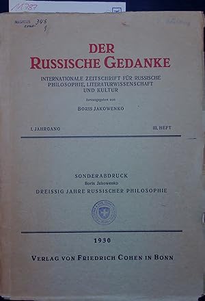 Bild des Verkufers fr Der Russische Gedanke. SONDERABDRUCK BORIS JAKOWENKO DREISSIG JAHRE RUSSISCHER PHILOSOPHIE I. Jahrgang, III. Heft zum Verkauf von Antiquariat Bookfarm