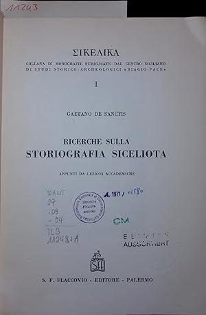 Bild des Verkufers fr RICERCHE SULLA STORIOGRAFIA SICELIOTA. I zum Verkauf von Antiquariat Bookfarm