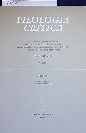 Bild des Verkufers fr Filologia Critica. ANNO XXX FASCICOLO II-III, MAGGIO-DICEMBRE 2005 zum Verkauf von Antiquariat Bookfarm