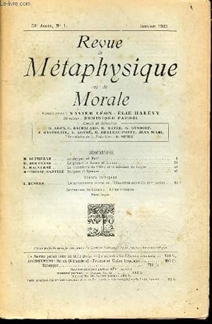 Image du vendeur pour Revue de metaphysique et de morale - N1 janvier 1949, 54e annee- heidegger et kant par m. dufrenne, le plaisir la forme et le sens par b. bertrand, la condition de l'etre et la mission du logos par L. malverne, bergson et spinoza par mosse bastide, le. mis en vente par Le-Livre