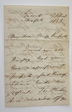 Image du vendeur pour Autograph Letter, Signed, to "Miss Russell", dated Concord, Mass., 17 April, 1855. mis en vente par Up-Country Letters