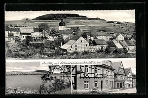 Ansichtskarte Schwarzenborn / Knüll, Ortsansicht, Knüll-See m. Köpfchen, Gasthaus-Fleischerei Has...