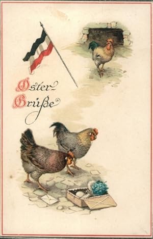 Ansichtskarte / Postkarte Glückwunsch Ostern, Hühner, Truhe, Vergissmeinnicht, Fahne