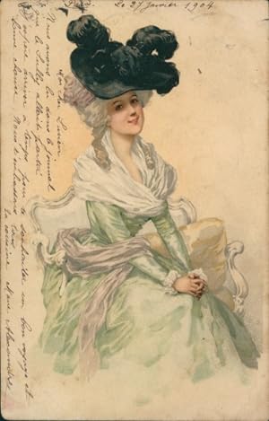 Litho Portrait einer Frau, Schwarzer Federhut, Grünes Kleid, Schleifen