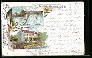 Lithographie Beiertheim b. Karlsruhe, Stephanienbad, Herren- und Damenbad