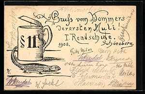 Seller image for Knstler-Ansichtskarte Berlin-Schneberg, Kommers der I. Realschule 1908, Bierkrug mit Eidechse for sale by Bartko-Reher