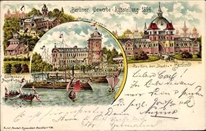 Litho Berlin, Gewerbeausstellung 1896, Marineschauspiel, Gartenbauausstellung, Pavillon der Stadt