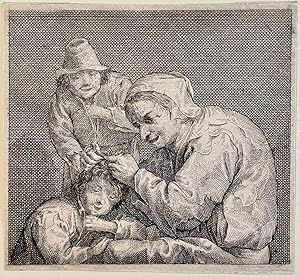 Antique print, etching I Delousing of a child, published ca. 1650, 1 p.