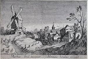 Antique print, etching I Village scene with a large windmill on the left, published 1614, 1 p.