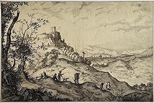 Antique print, etching | Landscape with a castle overlooking a valley at right, published 1628 or...