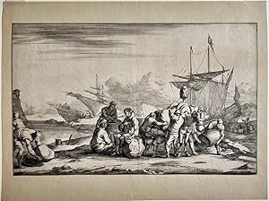 Antique print, etching | Mariners on the waterfront and men loading a donkey in harbour of Genua,...