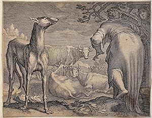 Antique print, engraving | Two women and dog near cows, published 1611, 1 p.