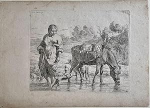 Antique print, etching | Woman and donkey in shallow waters (vrouw en ezel in ondiep water), publ...