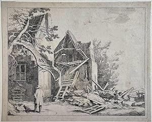 Antique print, engraving | Man in front of ruined houses (man voor huis in slechte staat), publis...