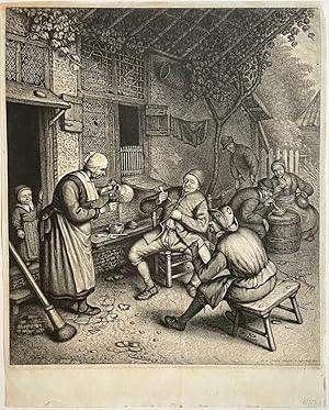 Antique print, engraving | Peasants under an arbor to the right of an inn, published ca. 1650, 1 p.