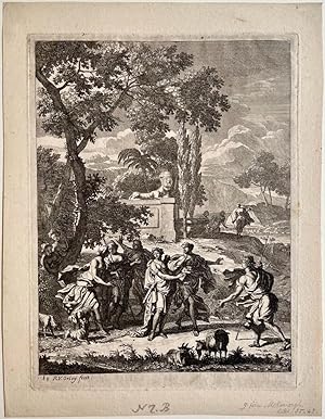 Antique print, etching and engraving | Amaryllis plays blindfolded, published 1690-1700, 1 p.