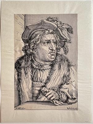 Antique print, woodcut | Man with plumed hat, published 1607, 1 p.