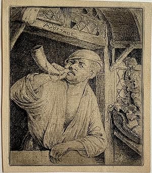 Antique print, etching | The baker sounding his horn (Bakker blaast op hoorn), published ca. 1700...