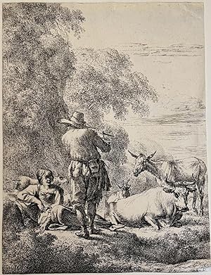 Antique print, etching | Shepherd playing a flute, published ca. 1645/1650, 1 p.