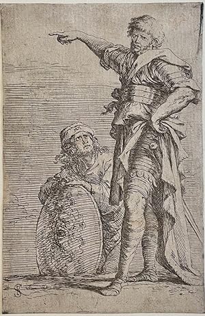 Antique print, etching | Two soldiers, one standing, the other with a shield, published 1656/57, ...