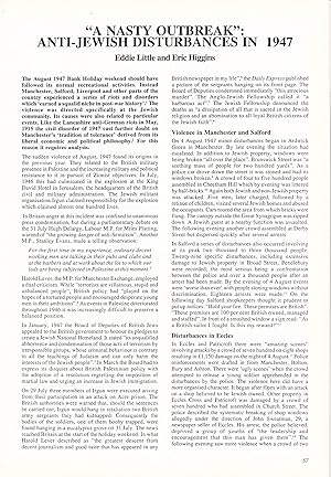 Immagine del venditore per A Nasty Outbreak: Anti-Jewish Disturbances in 1947; Manchester, Salford, Eccles, Liverpool. An original article from Manchester Region History Review magazine, 1995. venduto da Cosmo Books