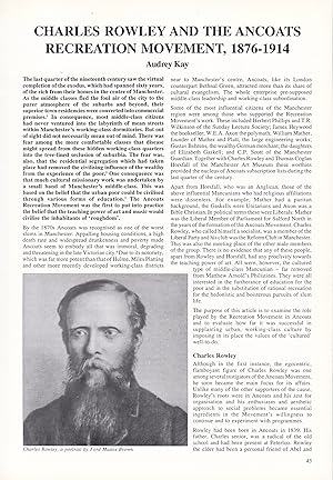 Seller image for Charles Rowley and the Ancoats Manchester Recreation Movement, 1876-1914. An original article from Manchester Region History Review magazine, 1993. for sale by Cosmo Books