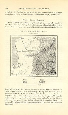 1894 Antique Map of Coplapo and the mining district in Chile