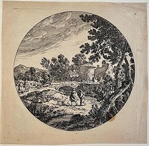 Antique print, etching | Italianate landscape with stone bridge, published ca. 1650, 1 p.