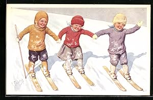 Image du vendeur pour Knstler-Ansichtskarte Karl Feiertag: Drei Kinder fahren Ski mis en vente par Bartko-Reher