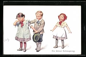 Bild des Verkufers fr Knstler-Ansichtskarte Karl Feiertag: Junge trstet eiferschtiges Mdchen-Ein kleiner Seitensprung zum Verkauf von Bartko-Reher
