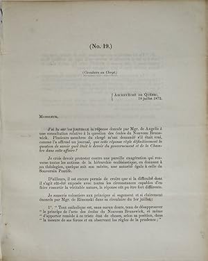 Seller image for (coles du Nouveau Brunswick) Circulaire au clerg for sale by Librairie Michel Morisset, (CLAQ, ABAC, ILAB)