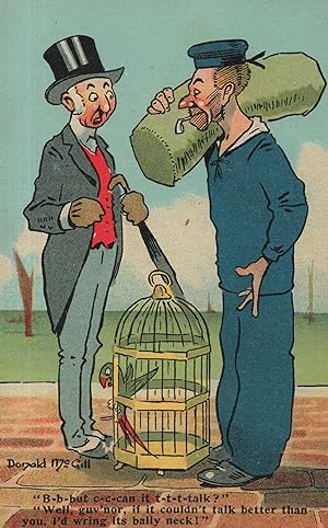 Donald McGill Parrott Bird Talking Stutter Old Sailor Comic Postcard