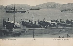 Salamis Island Harbour Boats Ships Greek Old Postcard