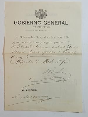 Imagen del vendedor de Passport signed by General Weyler as Governor of the Philippines a la venta por Thorn Books, ABAA