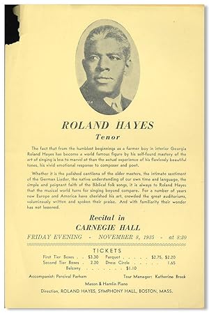 Imagen del vendedor de [Handbill for:] ROLAND HAYES TENOR . RECITAL IN CARNEGIE HALL a la venta por William Reese Company - Literature, ABAA