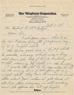 Bild des Verkufers fr Original autograph letter signed from cinematographer Edwin B. DuPar to production manager Robert B. McIntyre, October 1, 1934 zum Verkauf von Royal Books, Inc., ABAA