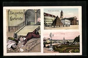 Ansichtskarte Karlsruhe, Markt mit Obelisk, Schloss, Bahnhof