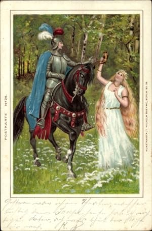 Litho Ritter zu Pferde, Frau in weißem Kleid, Füllhorn