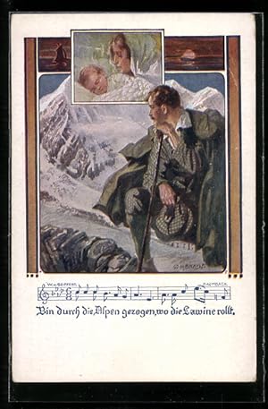 Bild des Verkufers fr Knstler-Ansichtskarte W. Braun: Deutscher Schulverein Nr. 1239: Bin durch die Alpen gezogen., Lied mit Noten zum Verkauf von Bartko-Reher
